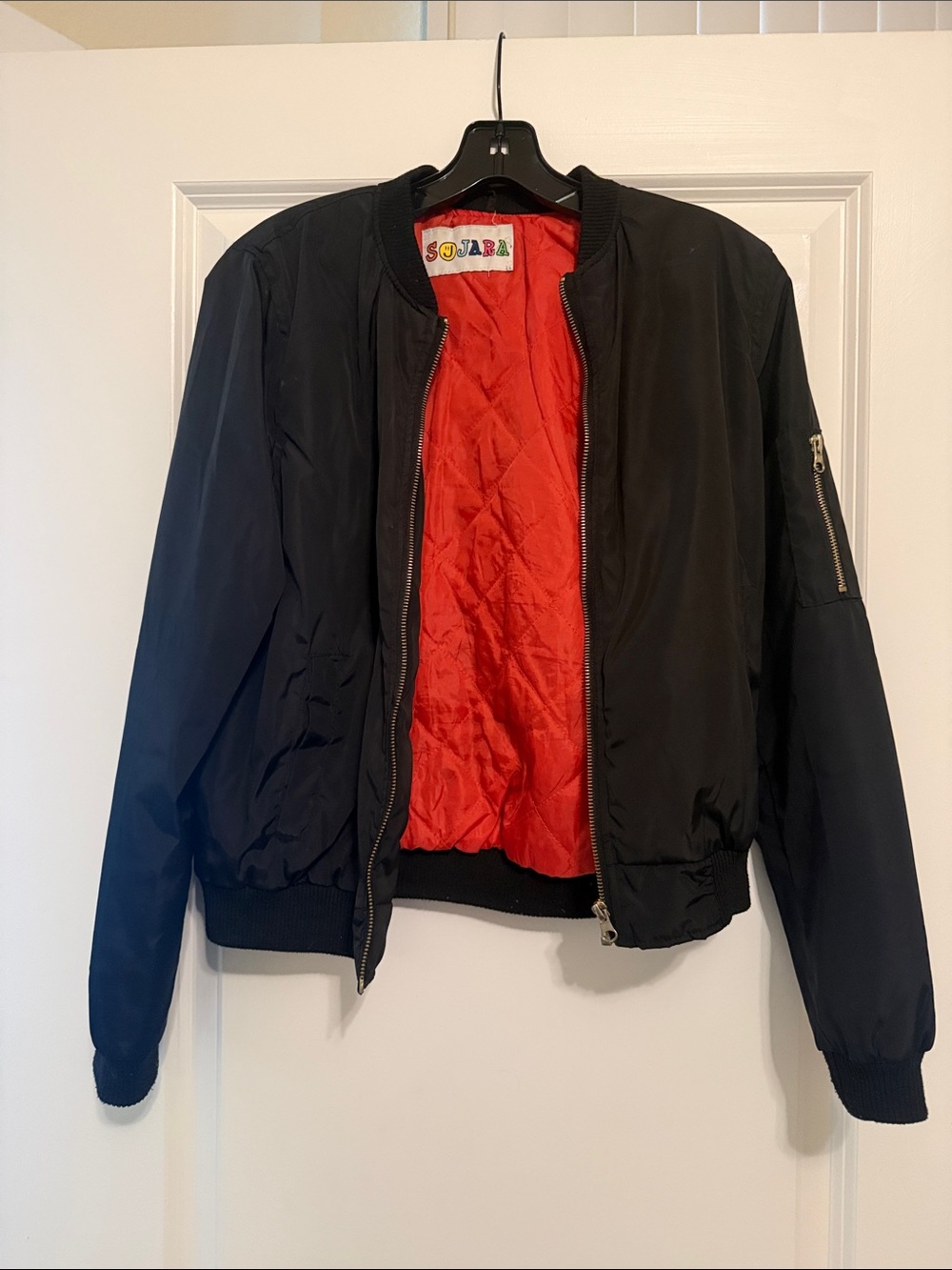 Sojara women’s Black Bomber Jacket with Red Quilted Lining